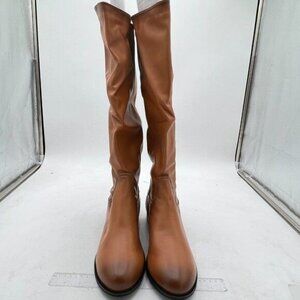 Brown Two Tone Knee High Leather Round Toe Block Low Heel Pull On Shoes